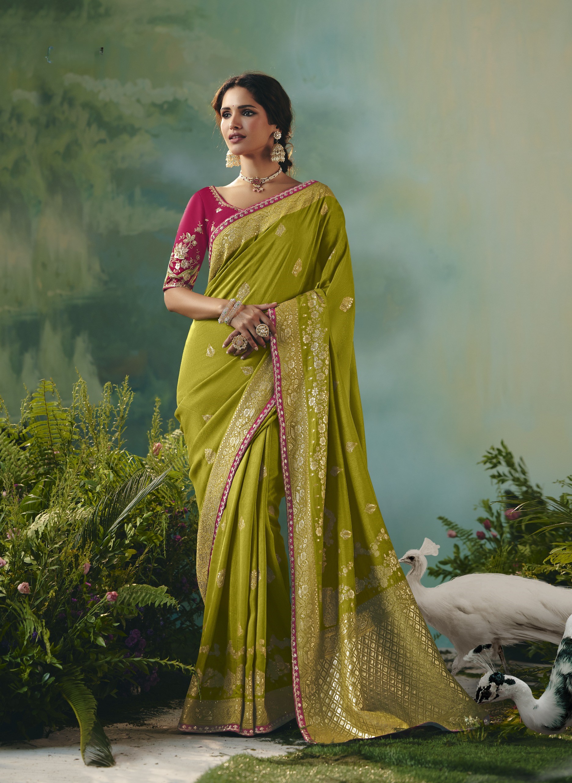 Olive Green Designer Saree – Olive Green & Pink